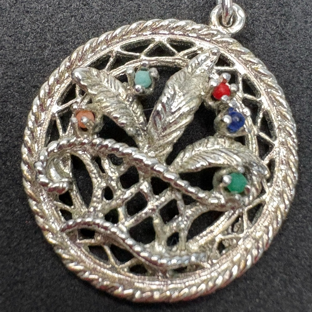(155)Vintage Sterling Silver Pendant with Multicolor Accents and chain.